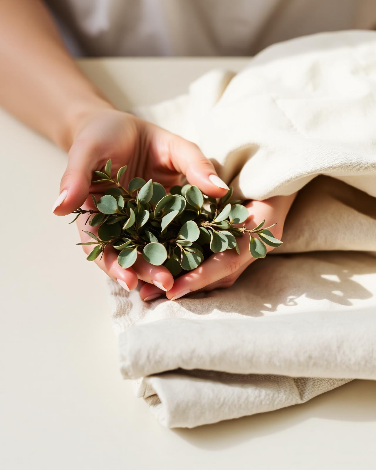 Hands holding fresh eucalyptus over folded linens